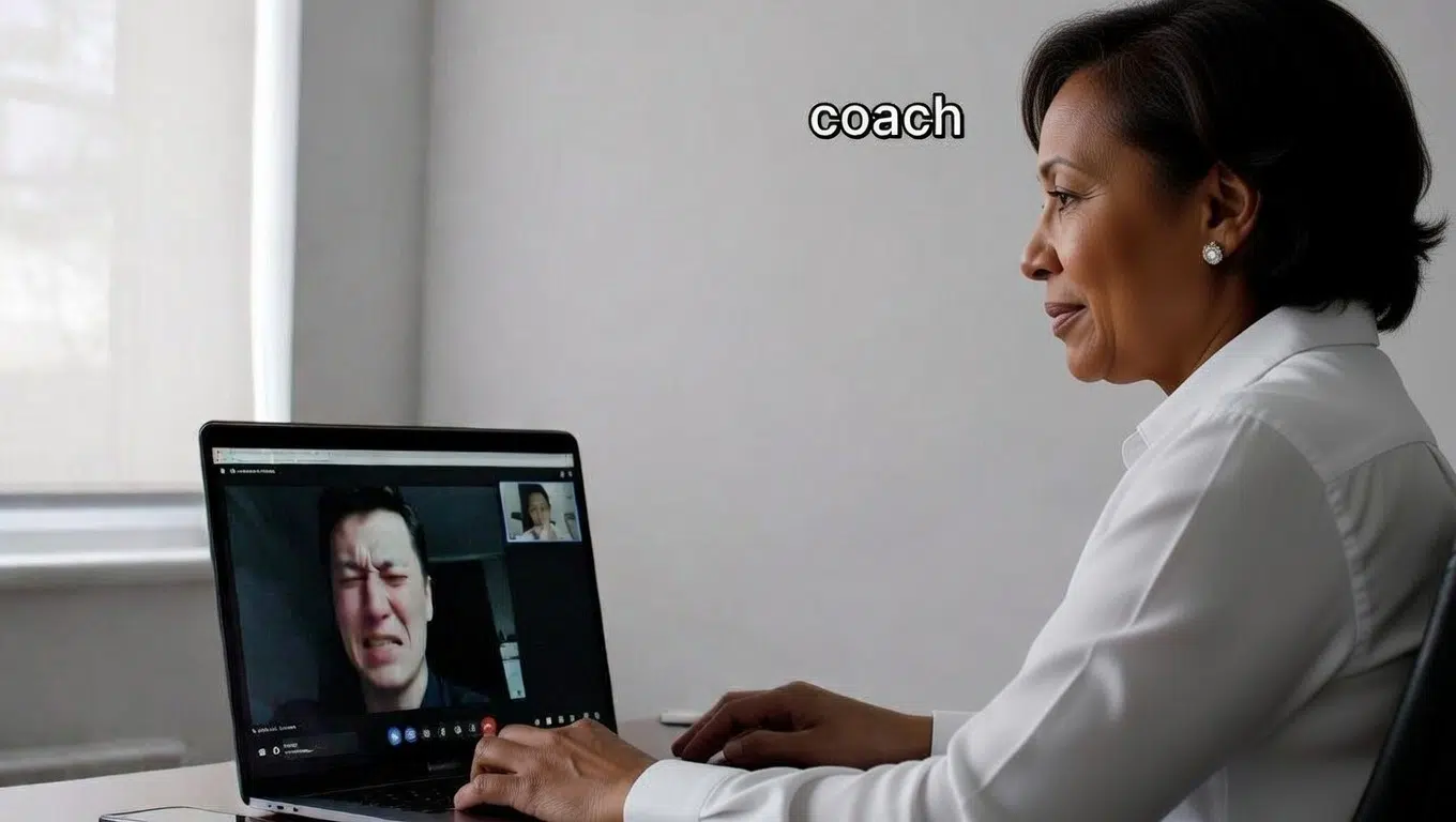 A life coach sits at a desk facing a laptop during a virtual session. The word "COACH" is clearly displayed in bold white letters on the wall behind her. On the laptop screen, a client appears visibly emotional, wiping tears from her cheek during the video call. The coach looks attentive and compassionate, with hands gently clasped and a notebook open beside her. The setting is a warm, professional home office with certificates, books, and plants in the background