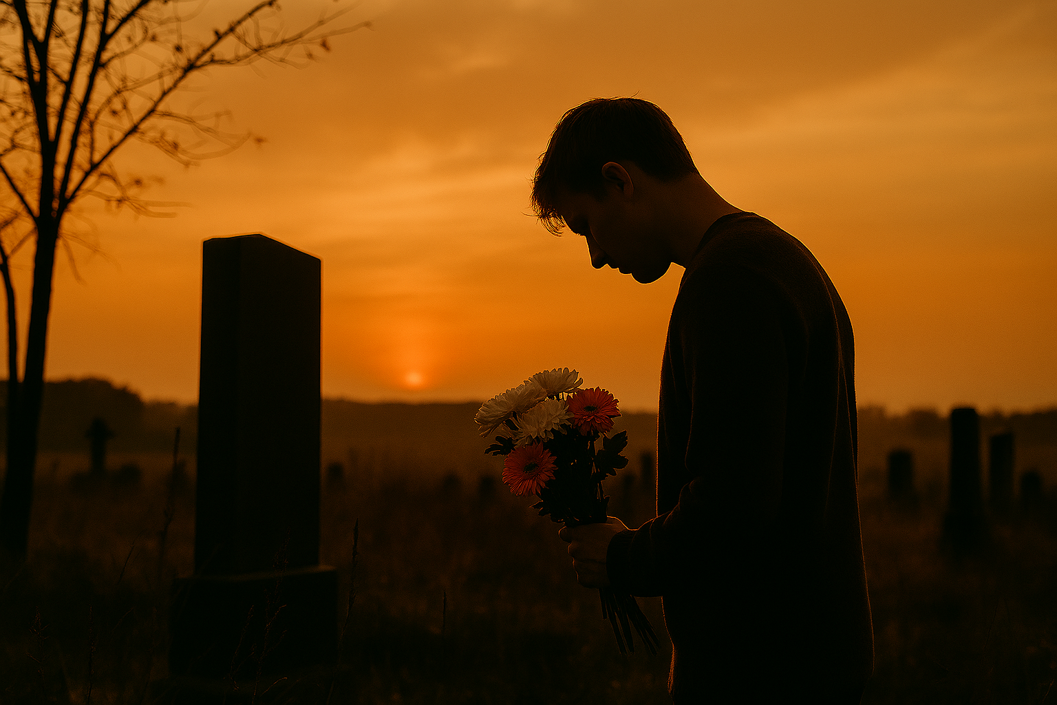 Silhouetted figure holding a bouquet at a gravesite during golden hour, expressing grief and remembrance