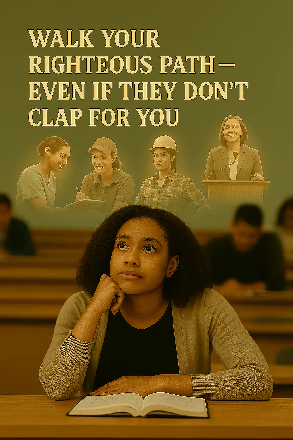 career1 African American woman seated in a college lecture hall, gazing upward in deep thought. Above her head float soft, glowing silhouettes of herself in different career roles — nurse, construction worker, coach, and speaker — symbolizing her vision, purpose, and the courage to walk her righteous path despite outside doubt.